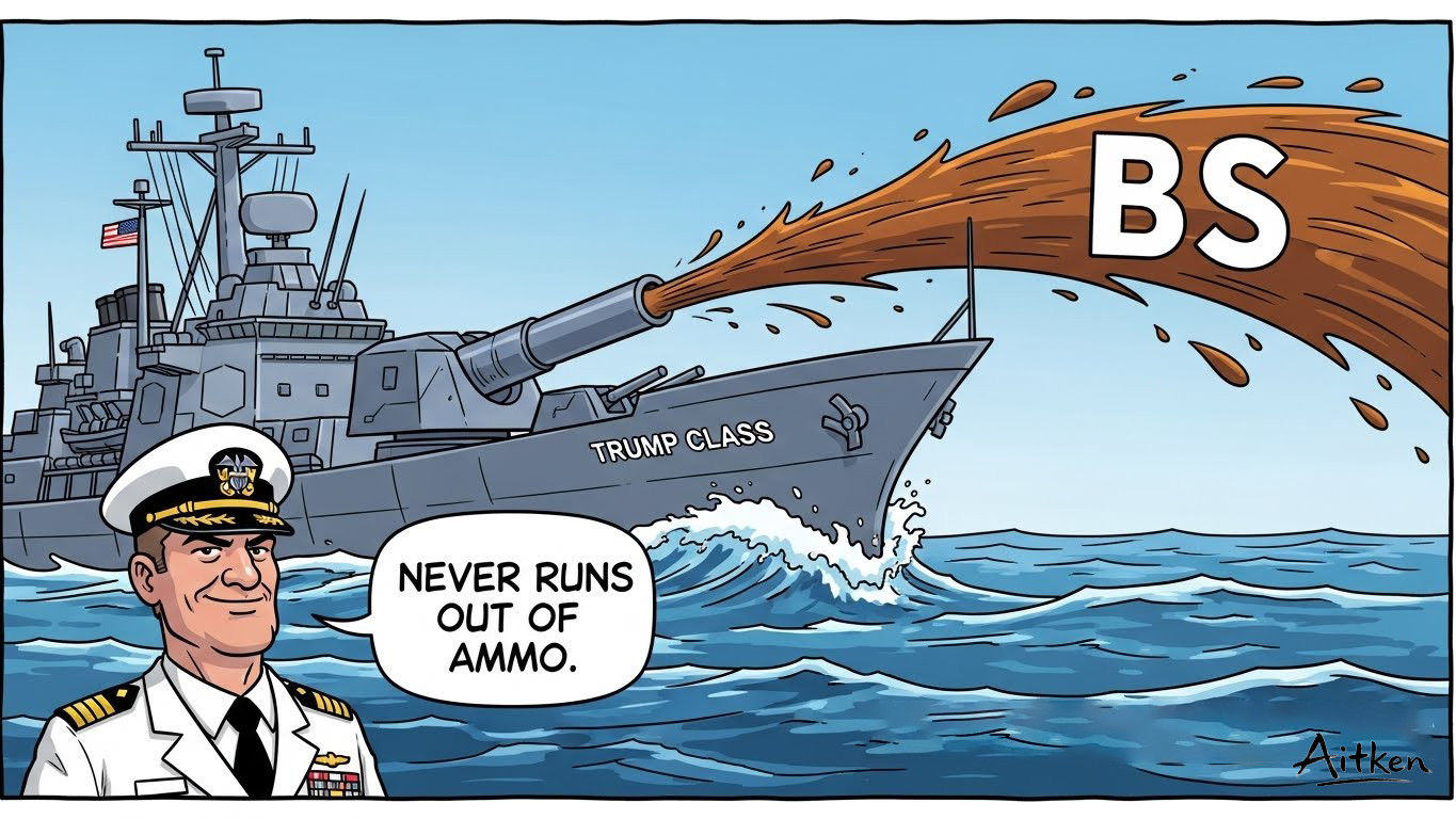 Cartoon of a Trump class battleship spewing BS from a giant cannon in the foreground and admiral is saying never runs out of ammo