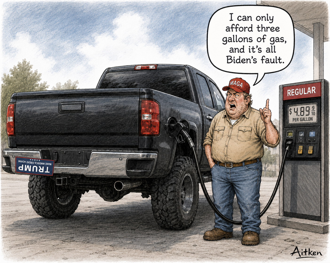 Man wearing a MAGA hat filling a huge pickup truck with gas at a gas station The pickup truck has an upside-down Trump sticker on it The man is saying I can only afford 3 GALLONS of gas and it's all Biden's fault