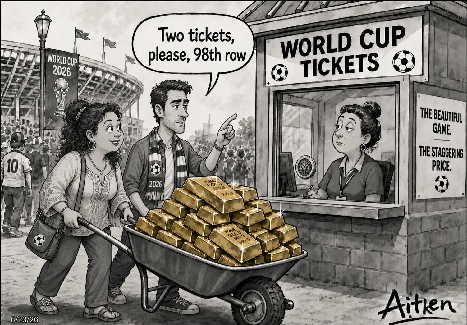 A couple buying World Cup tickets with gold bars